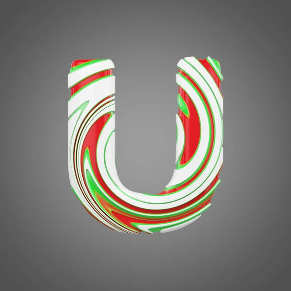 节日字母 U 大写字母。用薄荷糖手杖做成的圣诞字体。3d 渲染. — 图库照片