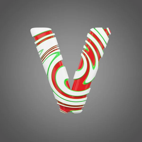 Holiday alphabet letter V uppercase. Christmas font made of peppermint candy canes. 3D render. — Stock Photo, Image