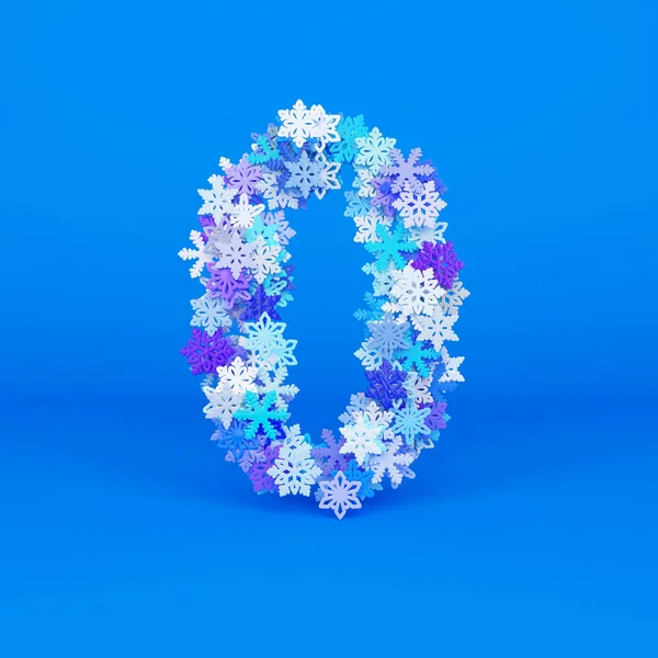 Alfabeto de invierno número 0. Fuente navideña hecha de copos de nieve. Renderizado 3D . —  Fotos de Stock