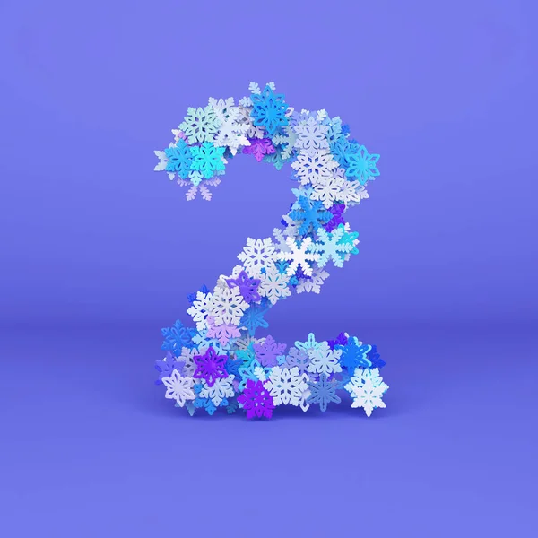 Winteralphabet Nummer 2. Weihnachtsschrift aus Schneeflocken. 3D-Darstellung. — Stockfoto