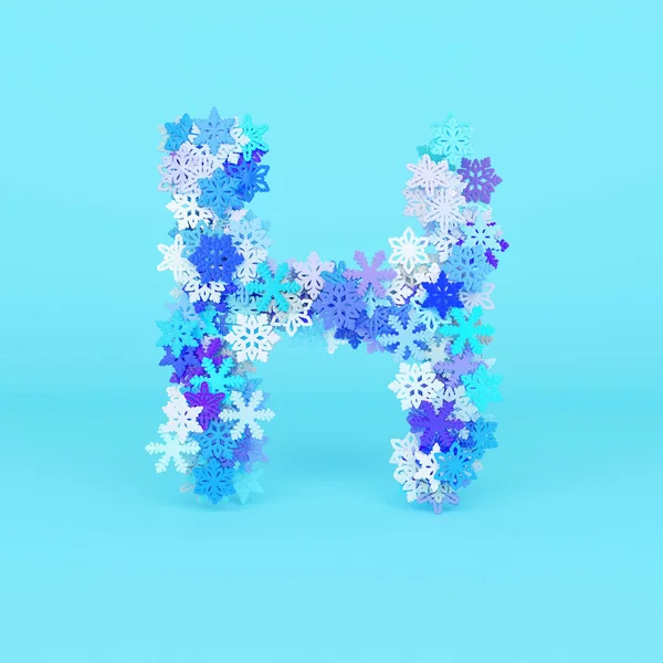 Winter alphabet letter H uppercase. Christmas font made of snowflakes. 3D render.