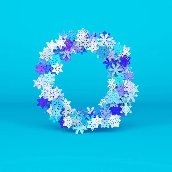 Zimní abeceda písmeno O, Velká písmena. Vánoční písmo ze sněhových vloček. 3D vykreslování. — Stock fotografie
