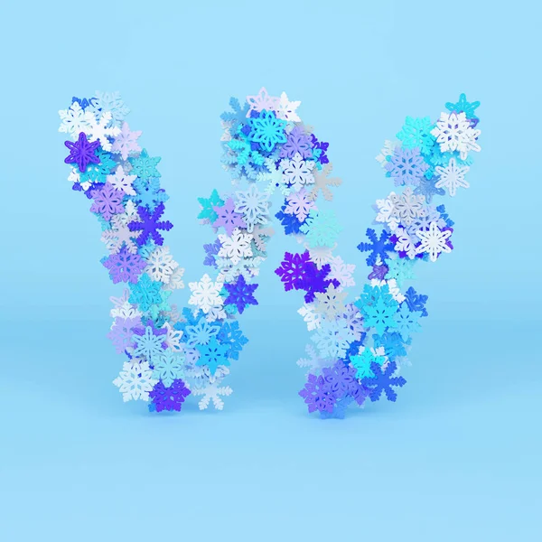 Зимний алфавит буква W прописная. Рождественский шрифт из снежинки. 3D рендеринг . — стоковое фото