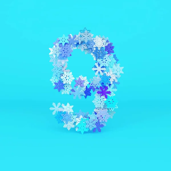 हिवाळी वर्णमाला क्रमांक 9. स्नोफ्लेक्सपासून बनविलेले ख्रिसमस फॉन्ट. 3D रेंडर . — स्टॉक फोटो, इमेज