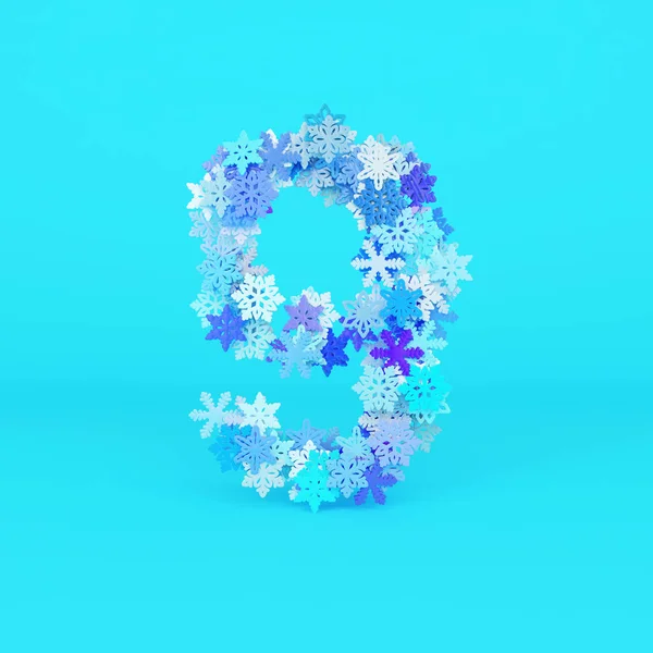 Winteralphabet Nummer 9. Weihnachtsschrift aus Schneeflocken. 3D-Darstellung. — Stockfoto