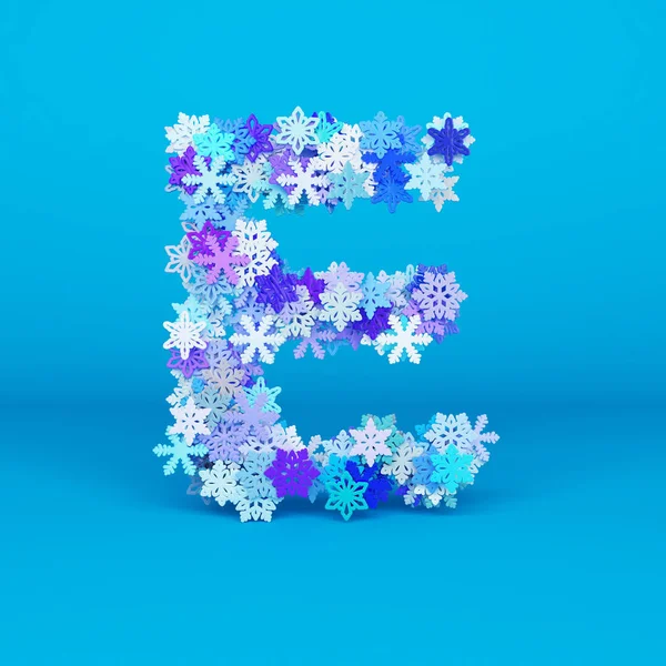 Alfabeto de inverno letra E maiúscula. Fonte de Natal feita de flocos de neve. Renderização 3D . — Fotografia de Stock