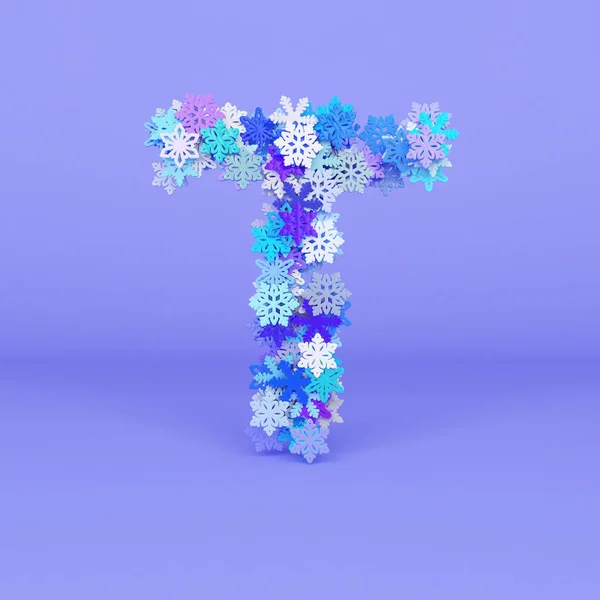 冬季字母 T 大写字母。雪花制作的圣诞字体。3d 渲染. — 图库照片