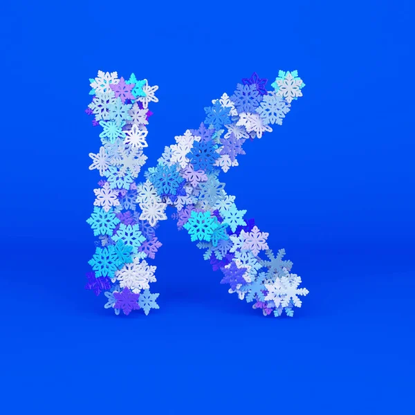 Letra del alfabeto de invierno K mayúscula. Fuente navideña hecha de copos de nieve. Renderizado 3D . —  Fotos de Stock