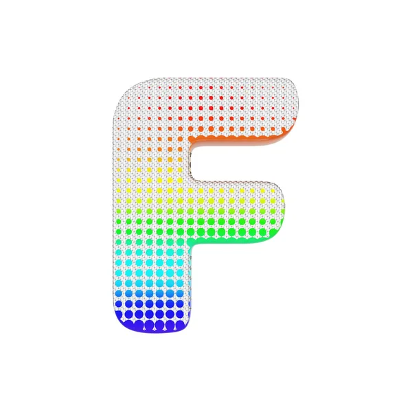 Buchstabe f in Großbuchstaben. Regenbogen-Halbtonschrift aus Baumwolltextur. 3D-Darstellung isoliert auf weißem Hintergrund. — Stockfoto