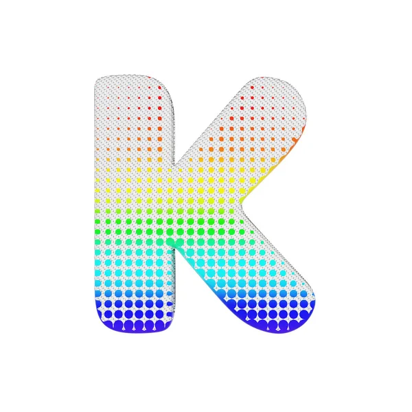 Alfabet letter K hoofdletters. Regenboog halftone lettertype gemaakt van katoen textuur. 3D render geïsoleerd op witte achtergrond. — Stockfoto