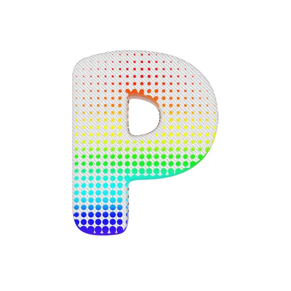 Buchstabe p Großbuchstaben. Regenbogen-Halbtonschrift aus Baumwolltextur. 3D-Darstellung isoliert auf weißem Hintergrund. — Stockfoto