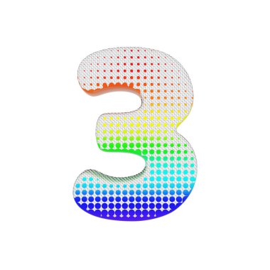Alfabe sayısı 3. Pamuk doku gökkuşağı noktalı resim yazı tipi. Beyaz arka plan üzerinde izole 3d render.
