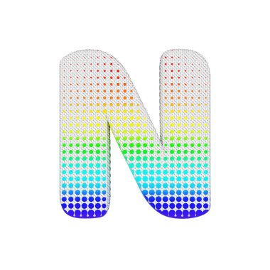Alfabe harf N büyük harf. Pamuk doku gökkuşağı noktalı resim yazı tipi. Beyaz arka plan üzerinde izole 3d render.
