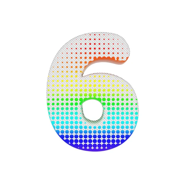 字母数字6。彩虹半色调字体由棉花纹理。3d 渲染在白色背景下被隔离. — 图库照片