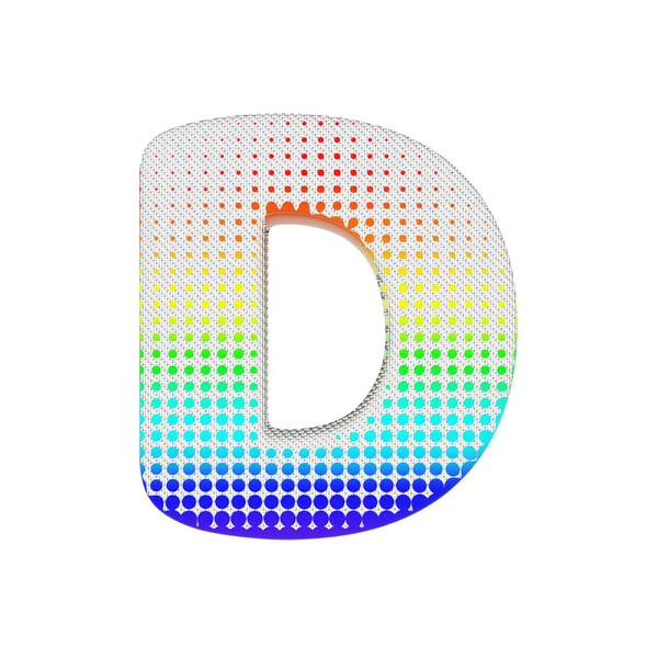 Huruf alfabet D huruf besar. Fonta Rainbow halftone terbuat dari tekstur katun. 3D render diisolasi di latar belakang putih . — Stok Foto