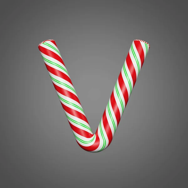 Alfabeto festivo letra V mayúscula. Fuente de Navidad hecha de bastones de caramelo a rayas de menta. Renderizado 3D sobre fondo gris . — Foto de Stock
