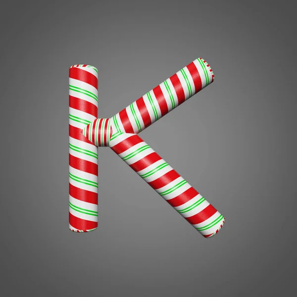 Festliches Alphabet Buchstabe k Großbuchstaben. Weihnachtsschrift aus mint gestreiften Zuckerstangen. 3D-Rendering auf grauem Hintergrund. — Stockfoto