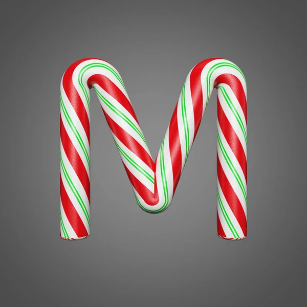 Feestelijke alfabet letter M hoofdletters. Kerstmis lettertype gemaakt van mint gestreepte snoep stokken. 3D render op grijze achtergrond. — Stockfoto