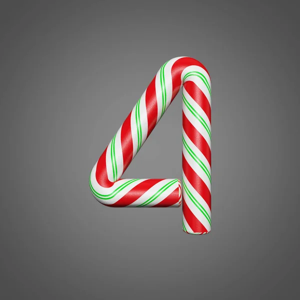 축제 알파벳 번호 4입니다. 스트라이프 민트 사탕 지팡이 크리스마스 글꼴에 의하여 이루어져 있다. 회색 배경에서 3d 렌더링. — 스톡 사진