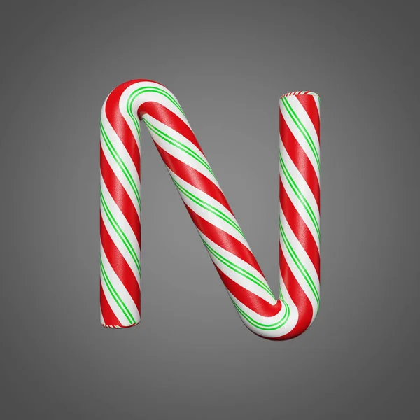 Festlig alfabetet bokstaven N versaler. Jul typsnitt av mint randig godis käppar. 3D render på grå bakgrund. — Stockfoto