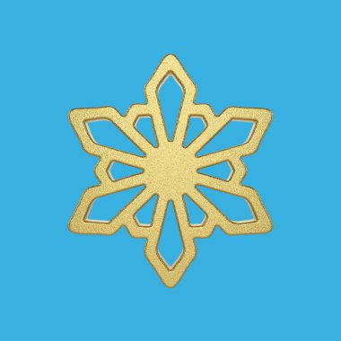 Altın kar tanesi üzerinde mavi arka plan izole. Noel öğe metalik altın folyo dekore edilmiştir. 3D render.