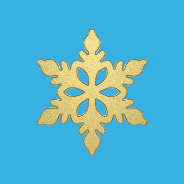 Altın kar tanesi üzerinde mavi arka plan izole. Noel öğe metalik altın folyo dekore edilmiştir. 3D render.