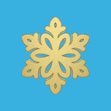 Altın kar tanesi üzerinde mavi arka plan izole. Noel öğe metalik altın folyo dekore edilmiştir. 3D render.
