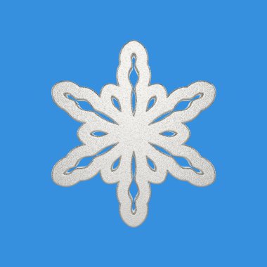 Gümüş kar tanesi üzerinde mavi arka plan izole. Noel öğe metalik parlak folyo dekore edilmiştir. 3D render.