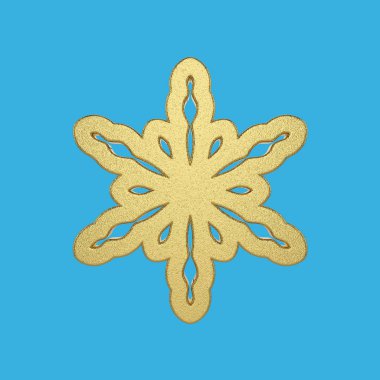 Altın kar tanesi üzerinde mavi arka plan izole. Noel öğe metalik altın folyo dekore edilmiştir. 3D render.