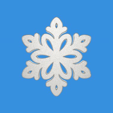 Gümüş kar tanesi üzerinde mavi arka plan izole. Noel öğe metalik parlak folyo dekore edilmiştir. 3D render.