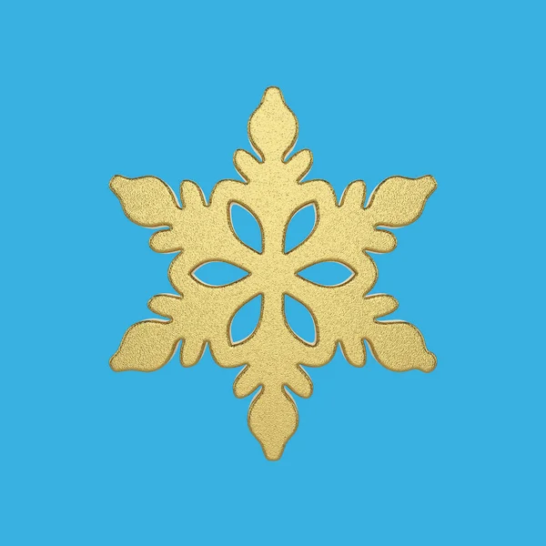 Altın kar tanesi üzerinde mavi arka plan izole. Noel öğe metalik altın folyo dekore edilmiştir. 3D render.