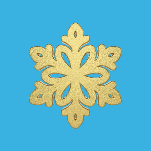 Altın kar tanesi üzerinde mavi arka plan izole. Noel öğe metalik altın folyo dekore edilmiştir. 3D render.