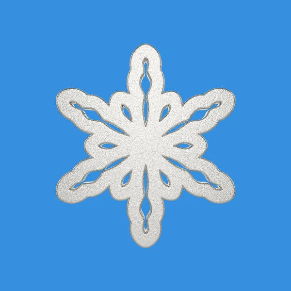 Silver snowflake isolated on blue background. Christmas element decorated metallic shiny foil. 3d render.