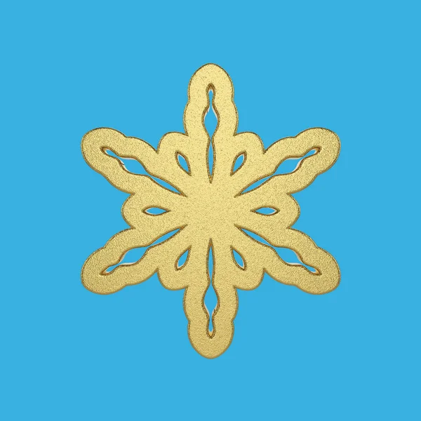 Altın kar tanesi üzerinde mavi arka plan izole. Noel öğe metalik altın folyo dekore edilmiştir. 3D render.