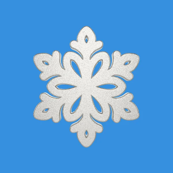 Copo de nieve de plata aislado sobre fondo azul. Elemento navideño decorado con lámina metálica brillante. 3d renderizar . — Foto de Stock