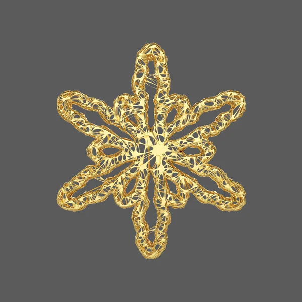 Золотая деликатная снежинка выделена на сером фоне. Рождественский элемент в стиле золотой открытки. 3D рендеринг . — стоковое фото