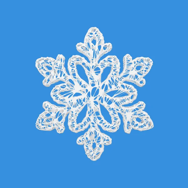 İzole mavi zemin üzerine beyaz zarif kar tanesi. Noel sihirli ajur stil öğe. 3D render. — Stok fotoğraf