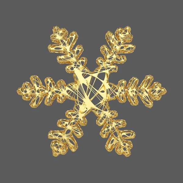 Золотая деликатная снежинка выделена на сером фоне. Рождественский элемент в стиле золотой открытки. 3D рендеринг . — стоковое фото