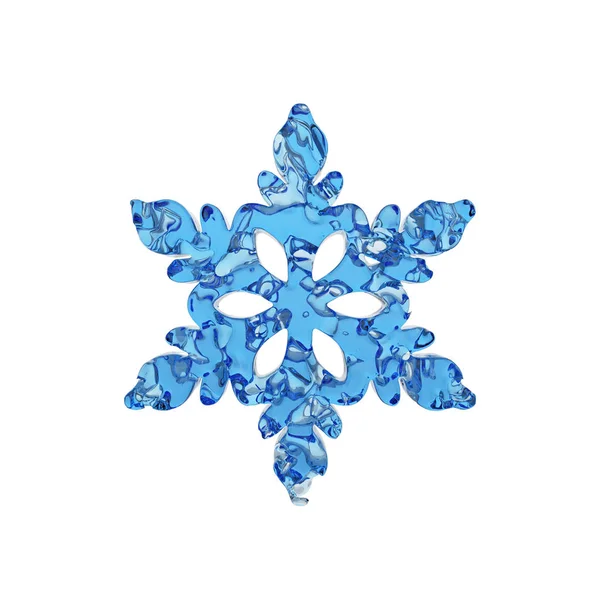 Fiocco di neve traslucido liquido fatto di acqua cristallina isolata su fondo bianco. rendering 3d . — Foto Stock