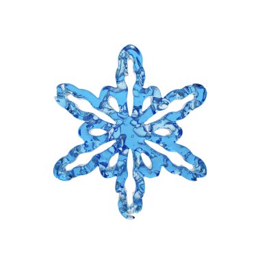 Beyaz arka plan üzerinde izole kristal mavi su sıvı saydam kar tanesi yapılmış. 3D render.