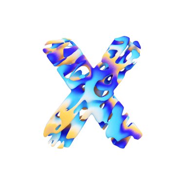 Alfabe harf X büyük harf. Grungy sıvı egzotik tropik yazı tipi renk boya darbeleri yaptı. Beyaz arka plan üzerinde izole 3d render.