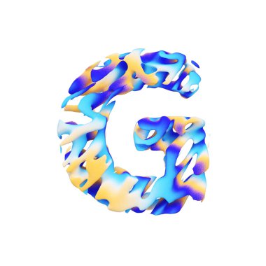 Alfabe harf G büyük harf. Grungy sıvı egzotik tropik yazı tipi renk boya darbeleri yaptı. Beyaz arka plan üzerinde izole 3d render.