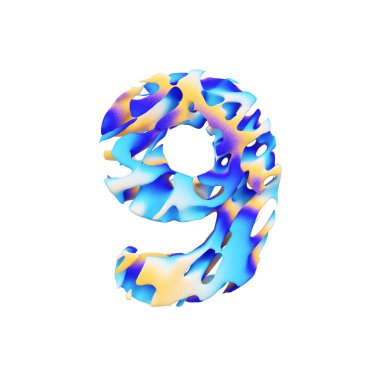 9 numara alfabe. Grungy sıvı egzotik tropik yazı tipi renk boya darbeleri yaptı. Beyaz arka plan üzerinde izole 3d render.