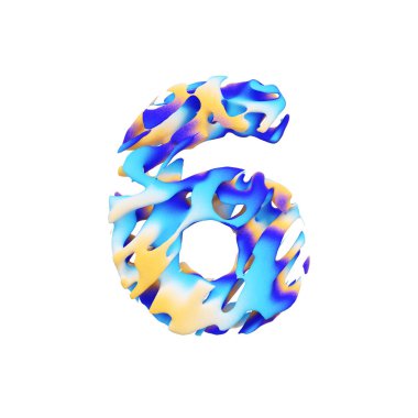 6 numaralı alfabe. Grungy sıvı egzotik tropik yazı tipi renk boya darbeleri yaptı. Beyaz arka plan üzerinde izole 3d render.