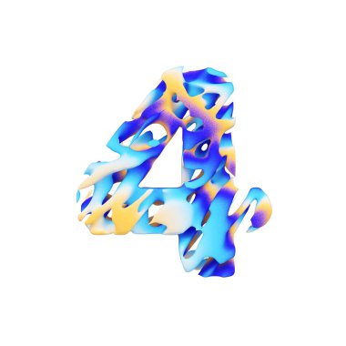 Alfabe sayı 4. Grungy sıvı egzotik tropik yazı tipi renk boya darbeleri yaptı. Beyaz arka plan üzerinde izole 3d render.