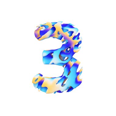 Alfabe sayısı 3. Grungy sıvı egzotik tropik yazı tipi renk boya darbeleri yaptı. Beyaz arka plan üzerinde izole 3d render.