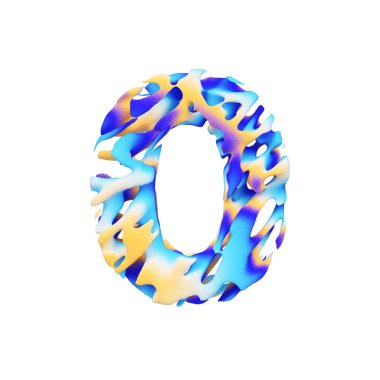 Alfabe numarası 0. Grungy sıvı egzotik tropik yazı tipi renk boya darbeleri yaptı. Beyaz arka plan üzerinde izole 3d render.