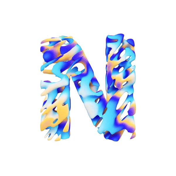 Alfabet letter N hoofdletters. Grungy vloeibare exotische tropische lettertype gemaakt van penseelstreken van kleur verf. 3D render geïsoleerd op witte achtergrond. — Stockfoto