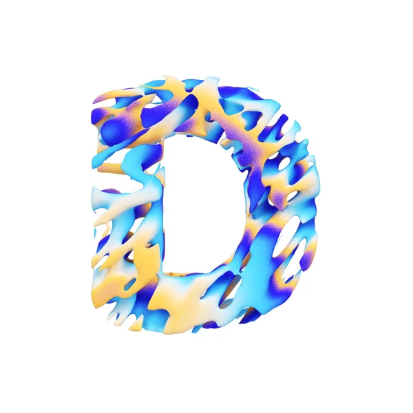 Alfabet letter D hoofdletters. Grungy vloeibare exotische tropische lettertype gemaakt van penseelstreken van kleur verf. 3D render geïsoleerd op witte achtergrond. — Stockfoto