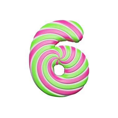 Tatlı alfabe sayısı 6. Noel yazı tipi pembe ve yeşil spiral çizgili lolipop yaptım. Beyaz arka plan üzerinde izole 3d render.